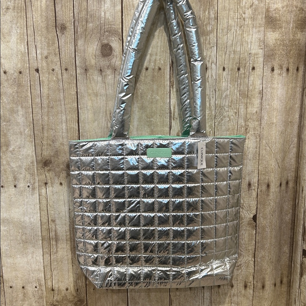 NWT Clinique Silver & Teal Quilted Tote Bag